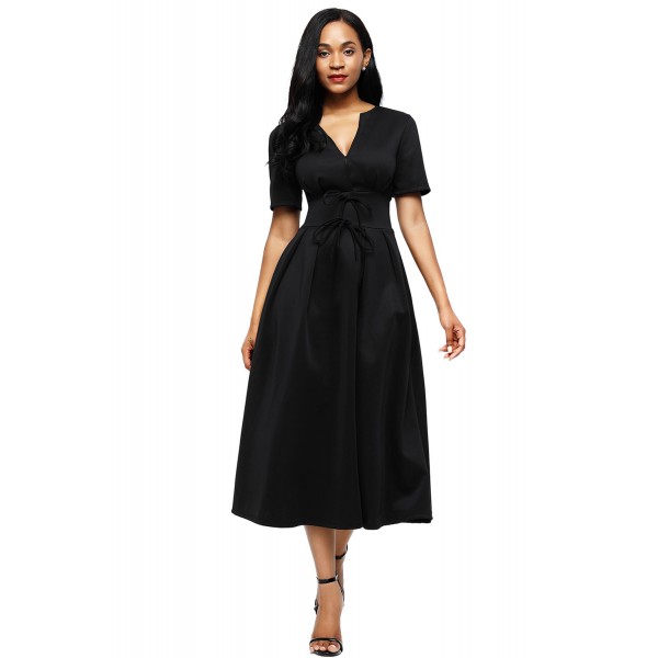 Black Split Neck Short Sleeve Midi Dress with Bowknots