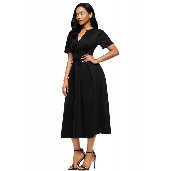 Black Split Neck Short Sleeve Midi Dress with Bowknots
