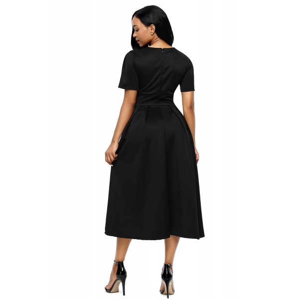 Black Split Neck Short Sleeve Midi Dress with Bowknots