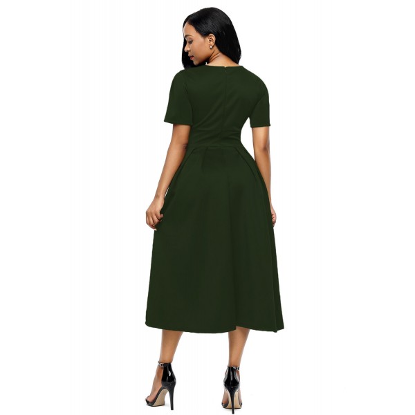 Olive Split Neck Short Sleeve Midi Dress with Bowknots