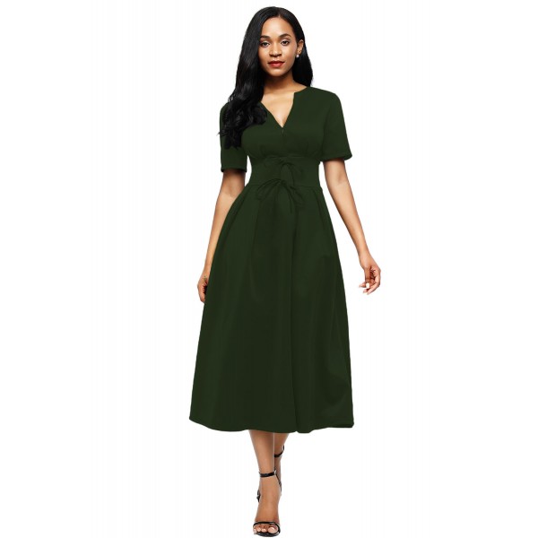 Olive Split Neck Short Sleeve Midi Dress with Bowknots