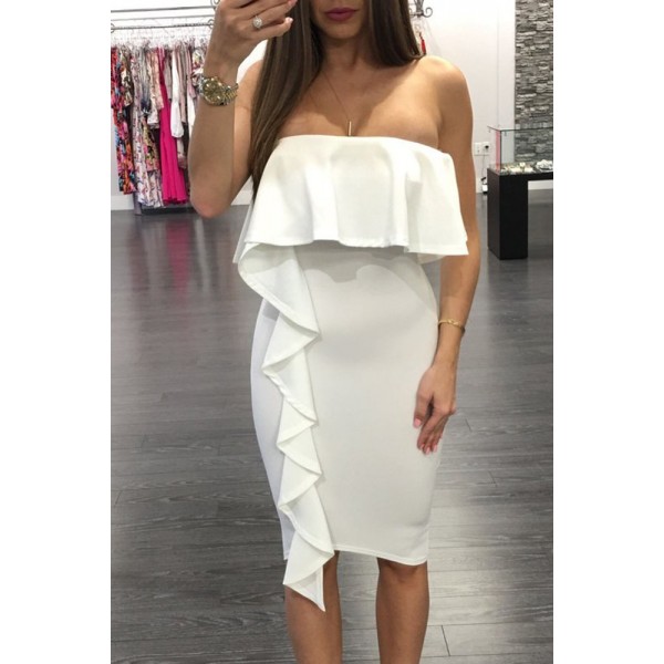 White Asymmetric Ruffle Trim Strapless Bodycon Dress
