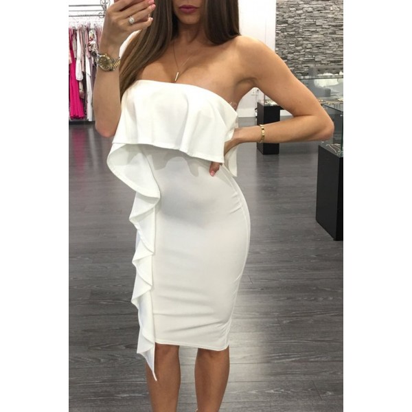White Asymmetric Ruffle Trim Strapless Bodycon Dress