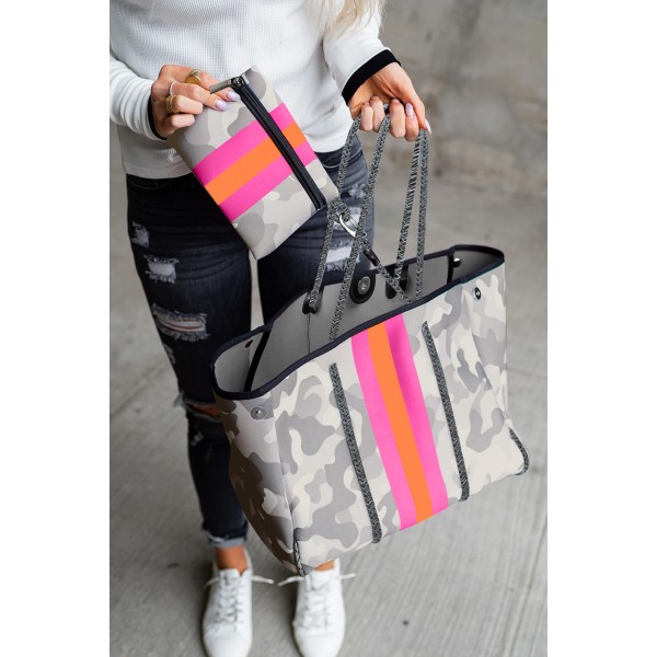 Gray Camo Striped Neoprene Tote Bag