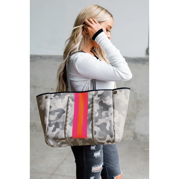 Gray Camo Striped Neoprene Tote Bag