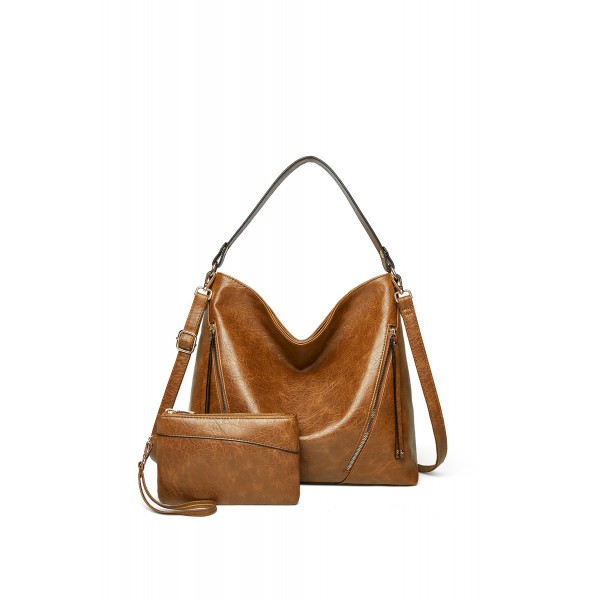 Khaki Portable PU Handbag with Matching Purse