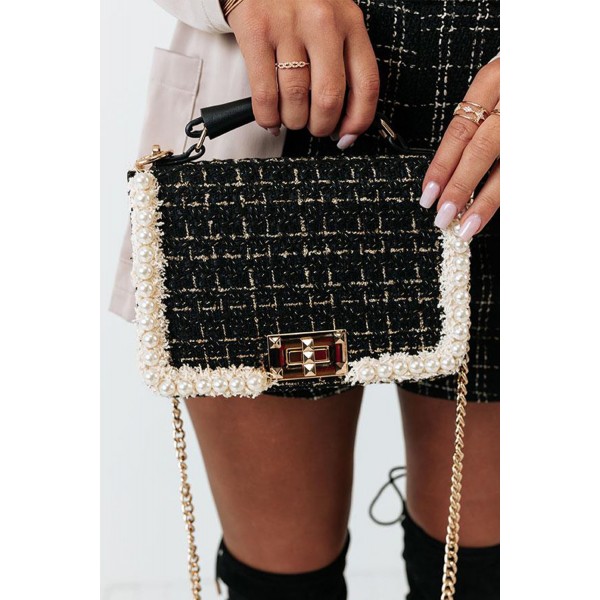Grid Pearl Chain Crossbody Bag