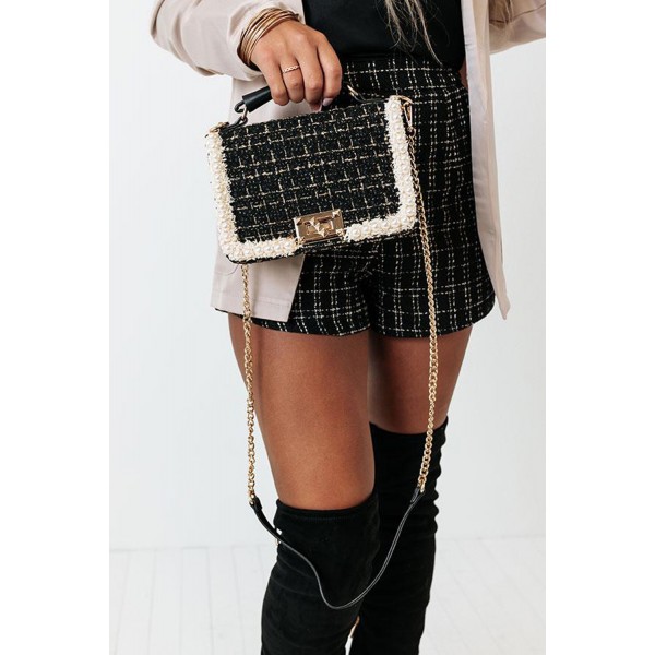 Grid Pearl Chain Crossbody Bag