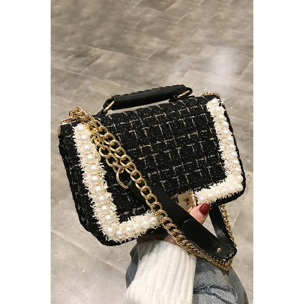 Grid Pearl Chain Crossbody Bag