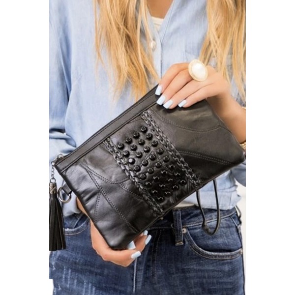 Black Tassel Studded Envelop Handbag