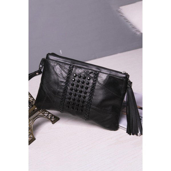 Black Tassel Studded Envelop Handbag