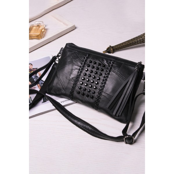 Black Tassel Studded Envelop Handbag