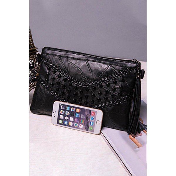 Black Tassel Studded Envelop Handbag
