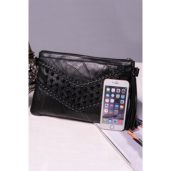 Black Tassel Studded Envelop Handbag