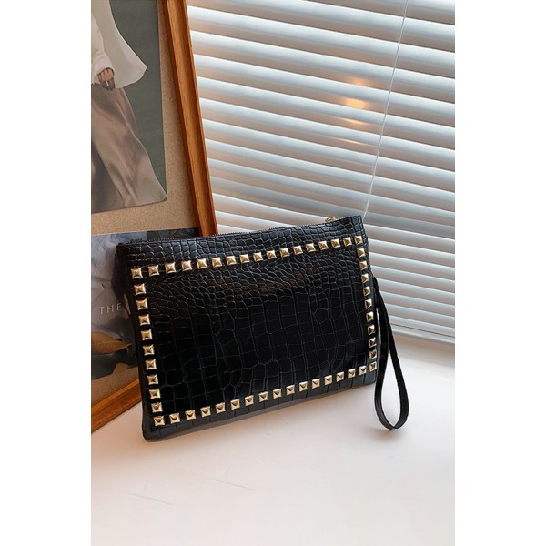 Black Zipper Crocodile Pattern Rivet Handbag