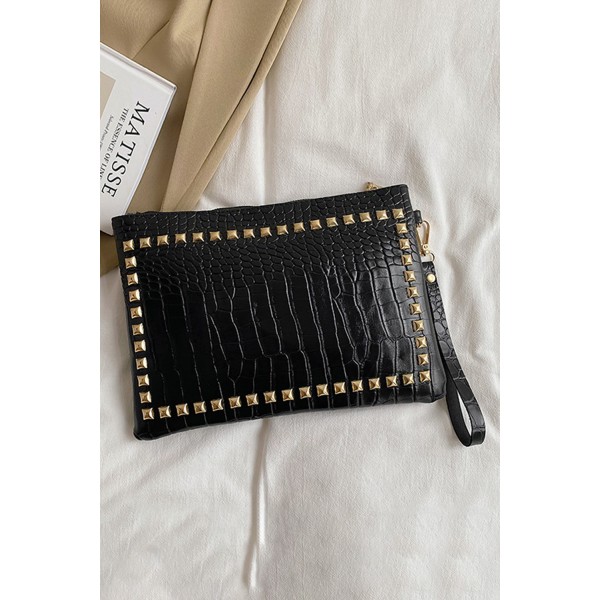Black Zipper Crocodile Pattern Rivet Handbag