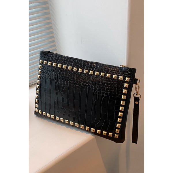 Black Zipper Crocodile Pattern Rivet Handbag