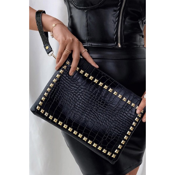 Black Zipper Crocodile Pattern Rivet Handbag