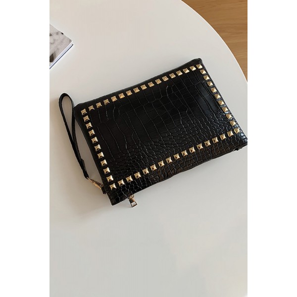 Black Zipper Crocodile Pattern Rivet Handbag