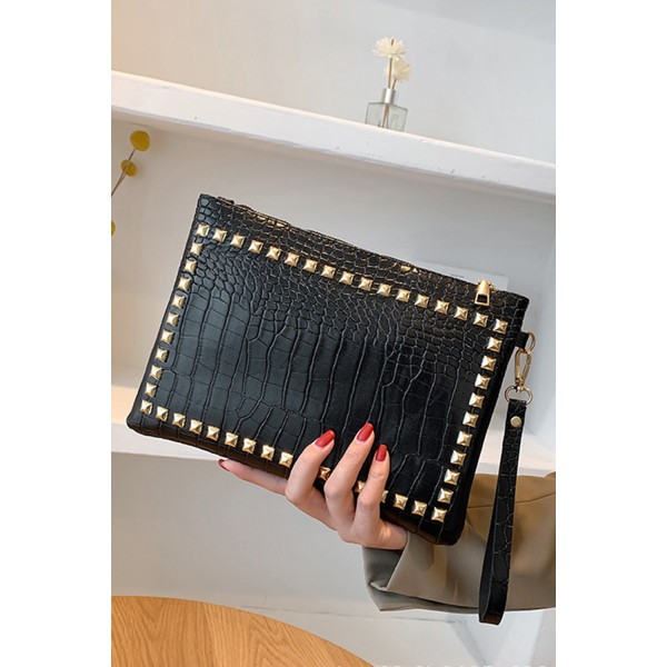 Black Zipper Crocodile Pattern Rivet Handbag