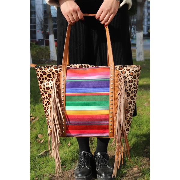 Leopard Striped Patchwork Tassel Large Tote Bag