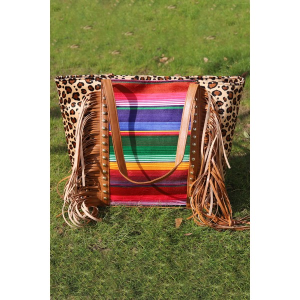 Leopard Striped Patchwork Tassel Large Tote Bag