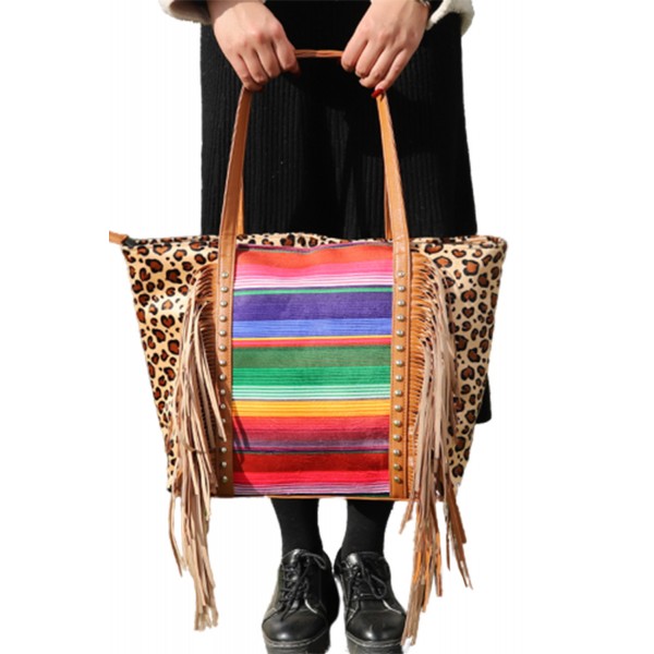 Leopard Striped Patchwork Tassel Large Tote Bag