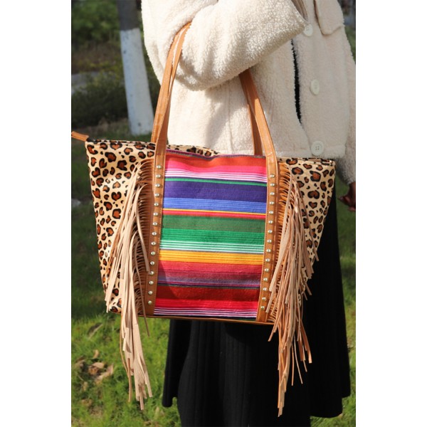 Leopard Striped Patchwork Tassel Large Tote Bag