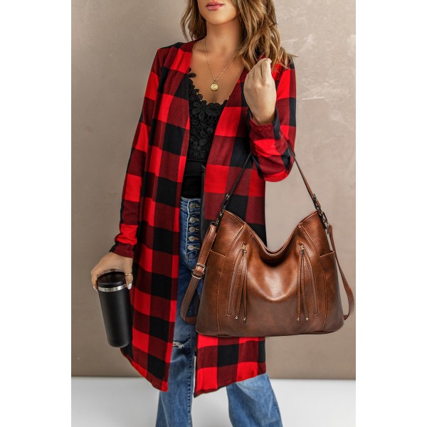 Brown PU Leather Patchwork Zipper Retro Handbag