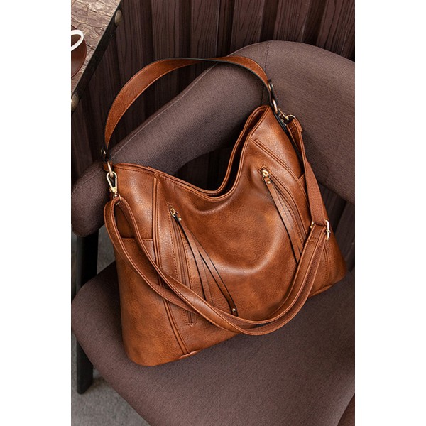 Brown PU Leather Patchwork Zipper Retro Handbag