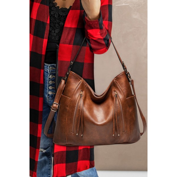 Brown PU Leather Patchwork Zipper Retro Handbag