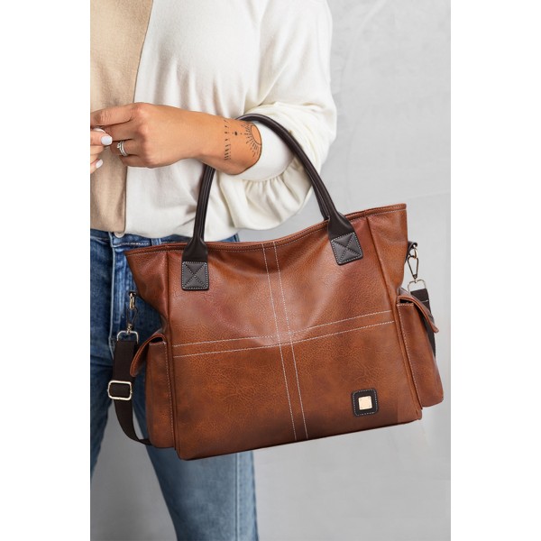 Brown PU Leather Pockets Patchwork Retro Handbag