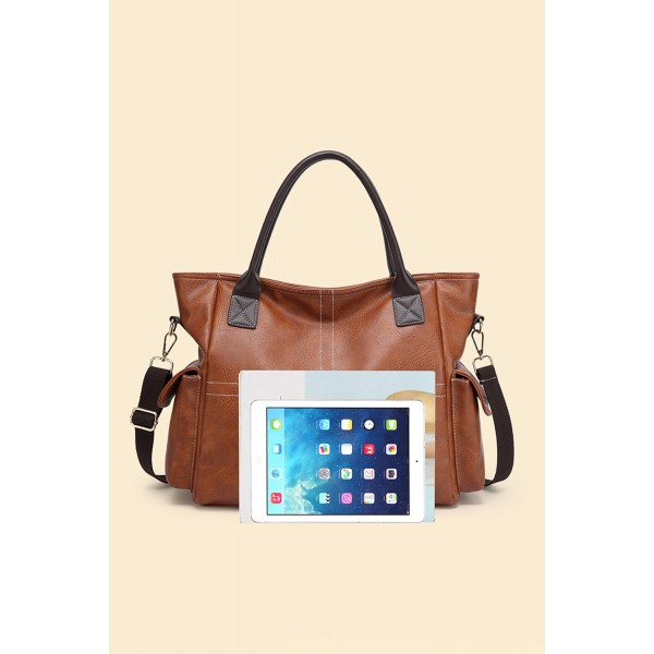 Brown PU Leather Pockets Patchwork Retro Handbag