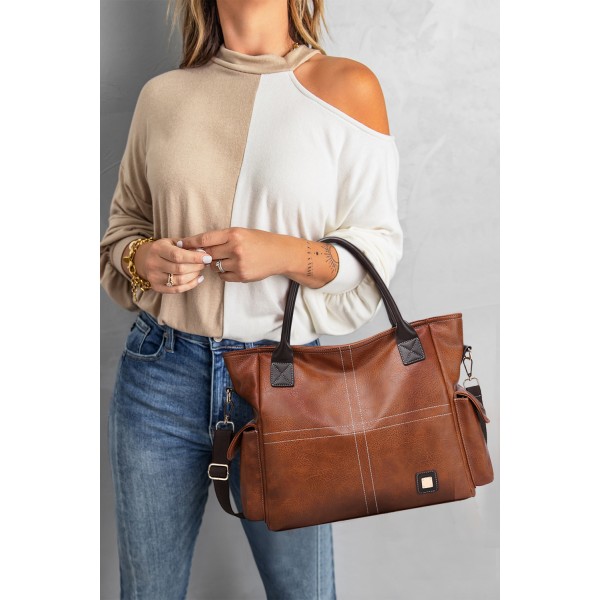Brown PU Leather Pockets Patchwork Retro Handbag