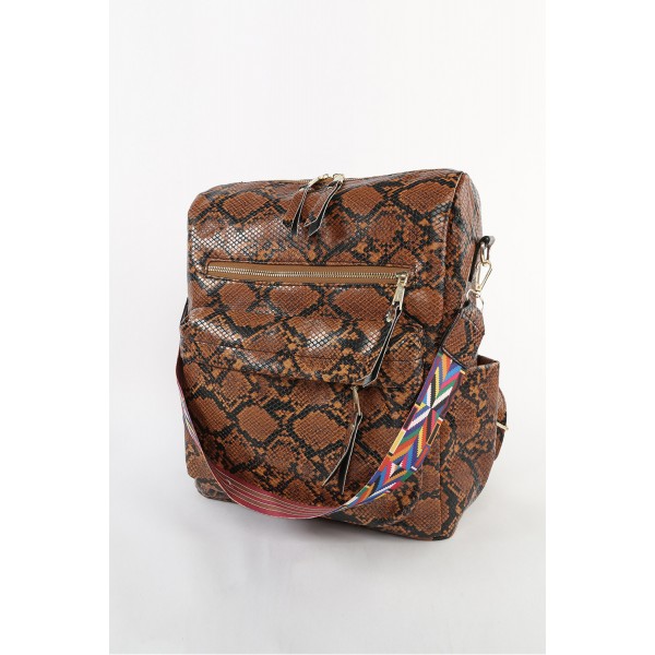 Brown Zipped Snakeskin Pattern PU Backpack