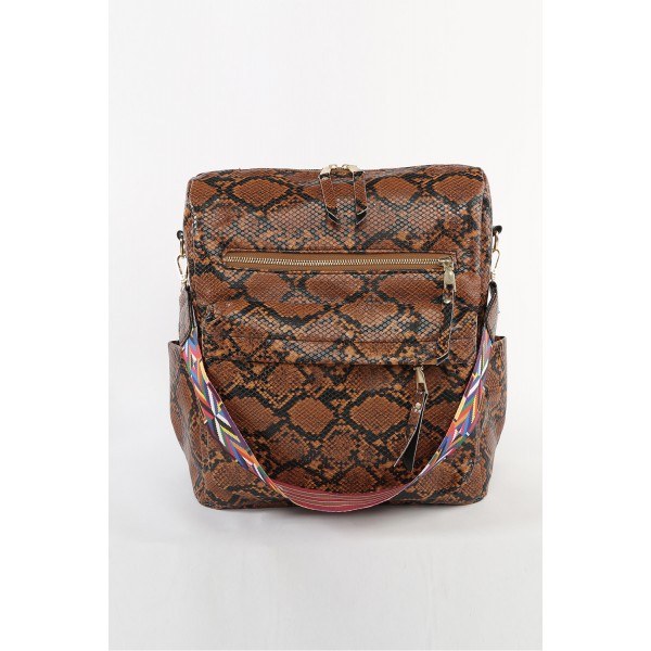 Brown Zipped Snakeskin Pattern PU Backpack