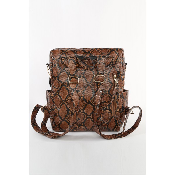 Brown Zipped Snakeskin Pattern PU Backpack