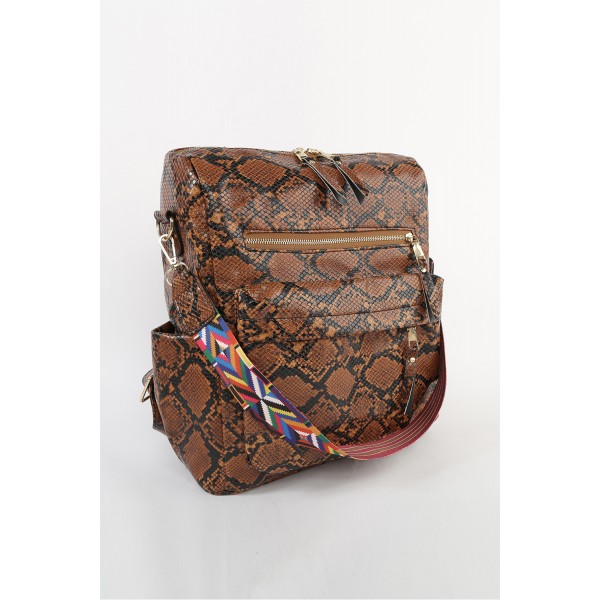 Brown Zipped Snakeskin Pattern PU Backpack