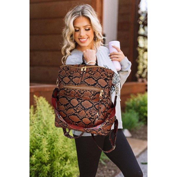 Brown Zipped Snakeskin Pattern PU Backpack