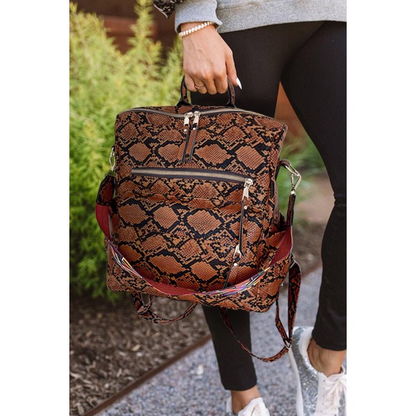 Brown Zipped Snakeskin Pattern PU Backpack