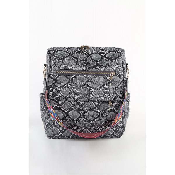 Black Zipped Snakeskin Pattern PU Backpack