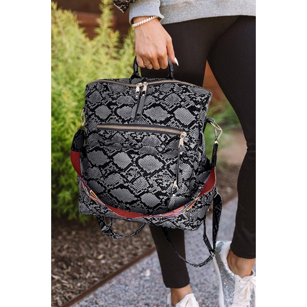 Black Zipped Snakeskin Pattern PU Backpack