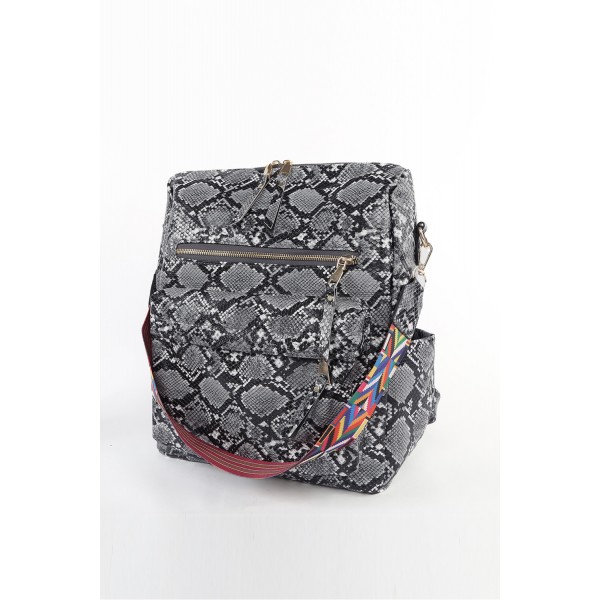 Black Zipped Snakeskin Pattern PU Backpack