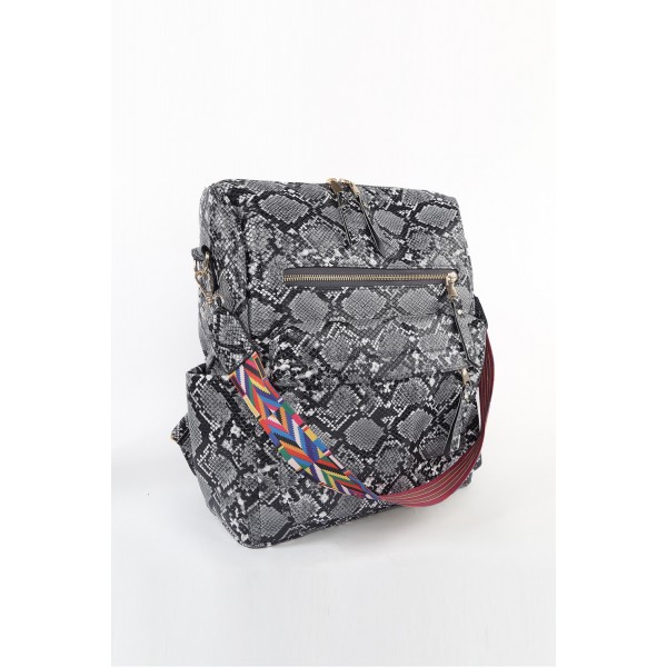 Black Zipped Snakeskin Pattern PU Backpack