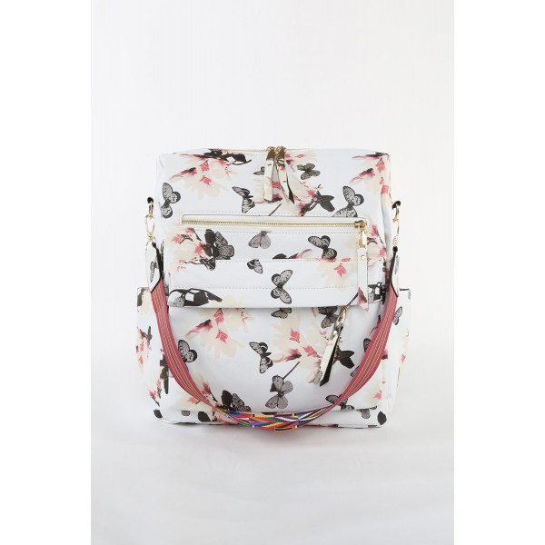 White Butterfly Print Casual Backpack