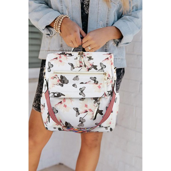 White Butterfly Print Casual Backpack