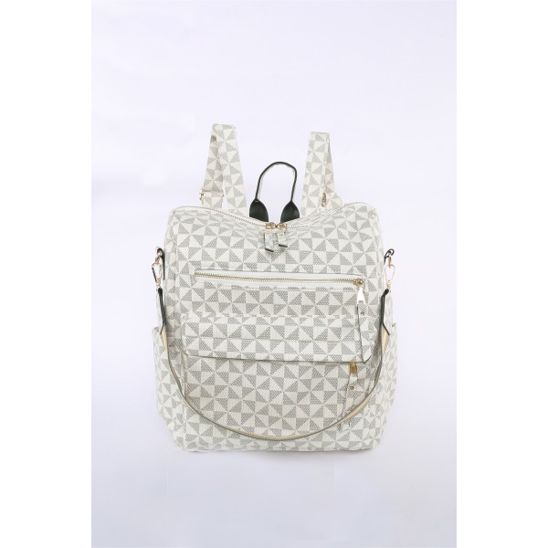 White Geometric Print Zipper Backpack