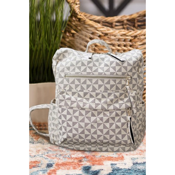 White Geometric Print Zipper Backpack