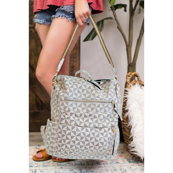 White Geometric Print Zipper Backpack