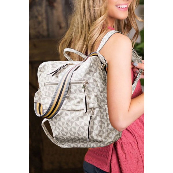 White Geometric Print Zipper Backpack